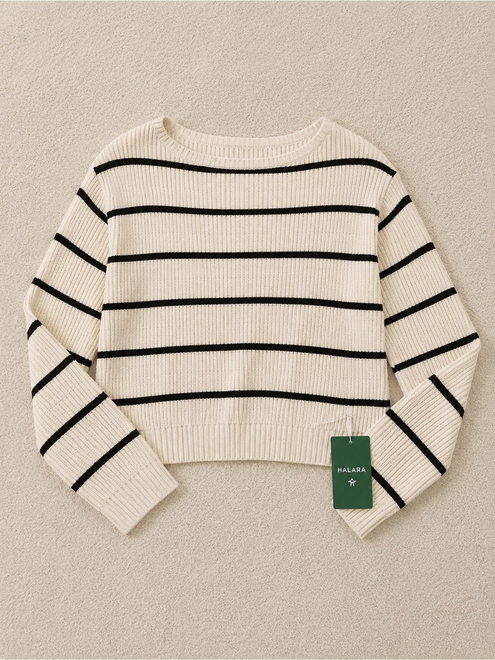 NWT HALARA Women’s Birch Black Striped Ribbed Boatneck Sweater Size Small